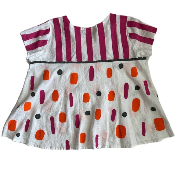 FLAX Women’s White Painted Unique Linen Short Sleeve Top Medium - Picture 2 of 12